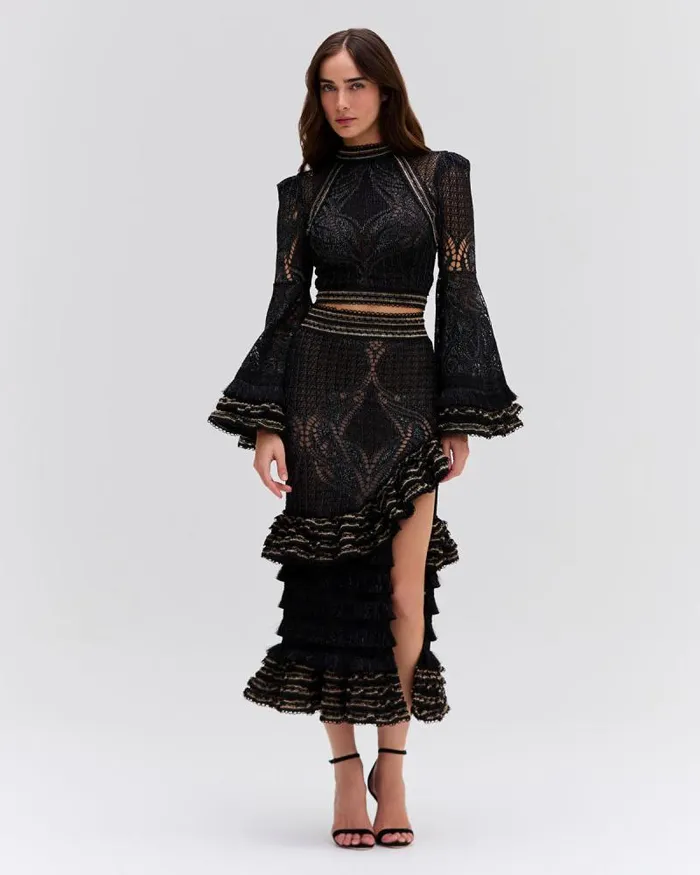 Women Tops and Bodysuits PatBO LACE AND FRINGE BELL SLEEVE TOP Black