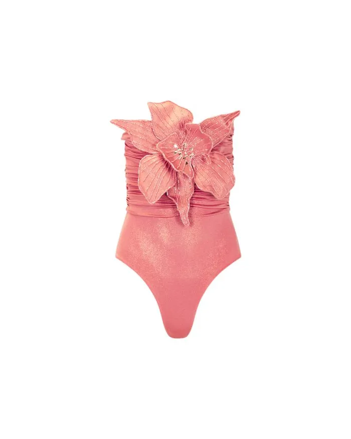 Women Tops and Bodysuits PatBO Metallic Jersey Orchid Bodysuit FINAL SALE Terracotta