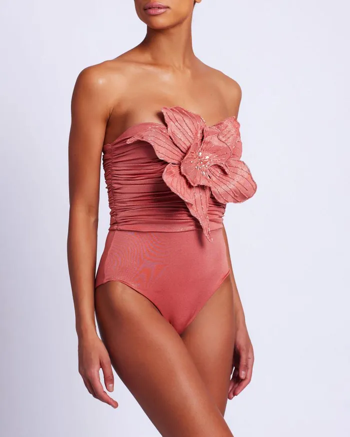 Women Tops and Bodysuits PatBO Metallic Jersey Orchid Bodysuit FINAL SALE Terracotta