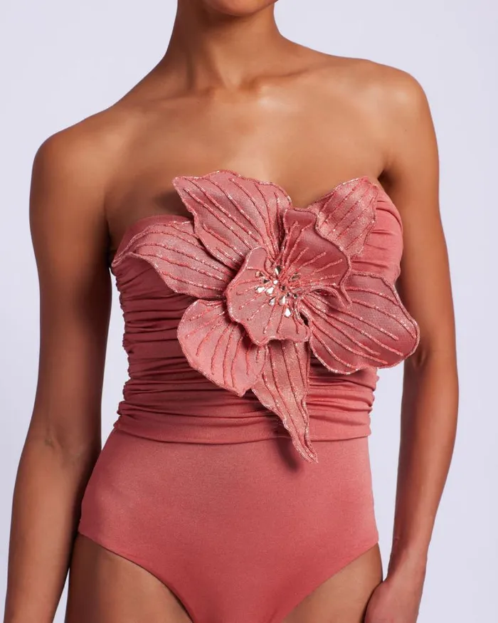 Women Tops and Bodysuits PatBO Metallic Jersey Orchid Bodysuit FINAL SALE Terracotta