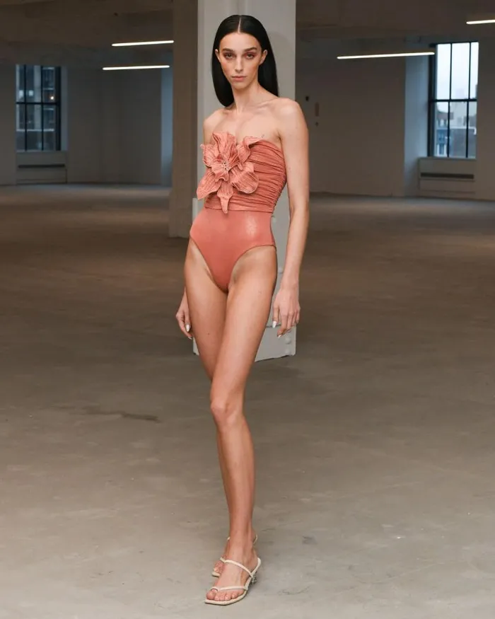 Women Tops and Bodysuits PatBO Metallic Jersey Orchid Bodysuit FINAL SALE Terracotta