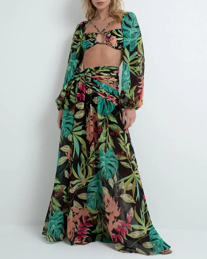 Women Tops and Bodysuits PatBO TROPICALIA STRETCH CROPPED TOP FINAL SALE Black