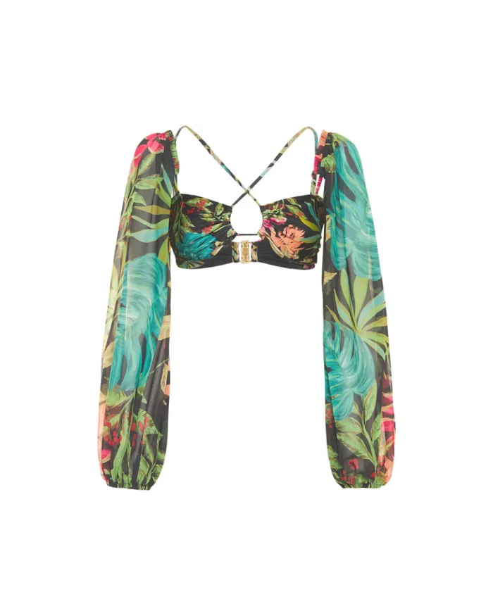 Women Tops and Bodysuits PatBO TROPICALIA STRETCH CROPPED TOP FINAL SALE Black