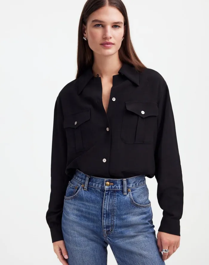 Women Tops and Shirts Madewell Alexa Chung For Madewell PleatPocket ButtonUp Shirt True Black