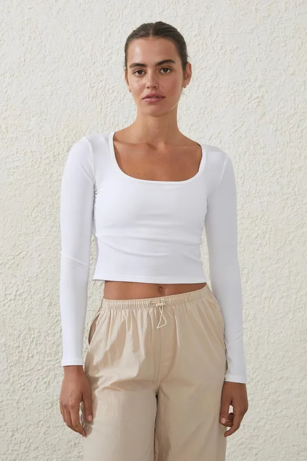 Women Tops Cotton On Active Rib Scoop Longsleeve Top White