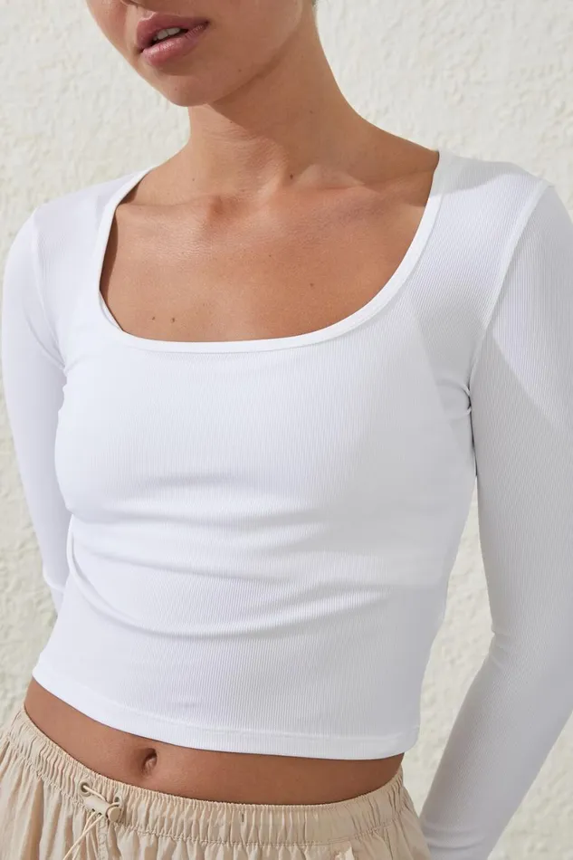 Women Tops Cotton On Active Rib Scoop Longsleeve Top White