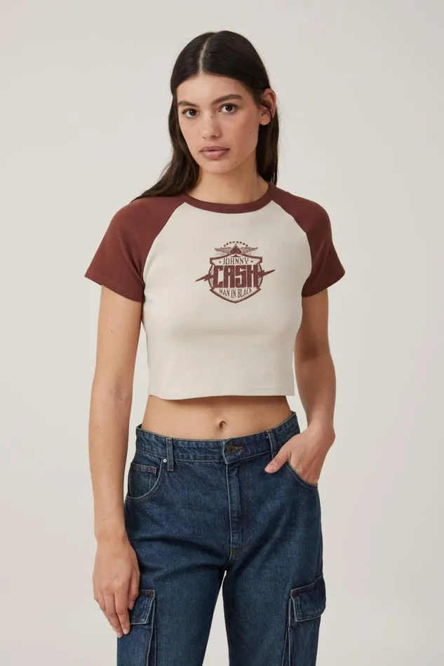 Women Tops Cotton On Crop Fit Raglan Lcn Graphic Tee Lcn Mt Johnny Cash Bottle Brown Stone