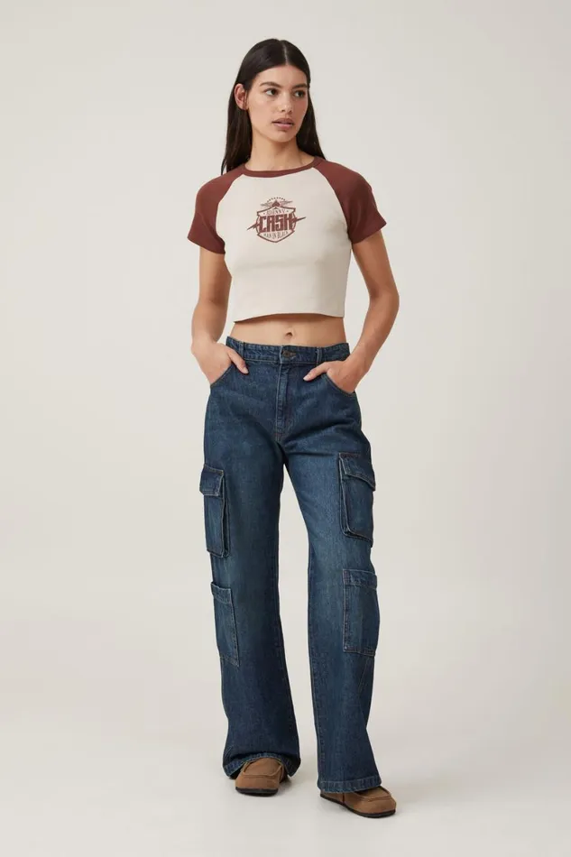 Women Tops Cotton On Crop Fit Raglan Lcn Graphic Tee Lcn Mt Johnny Cash Bottle Brown Stone