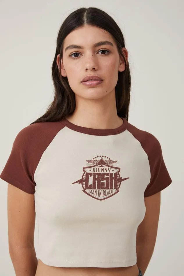 Women Tops Cotton On Crop Fit Raglan Lcn Graphic Tee Lcn Mt Johnny Cash Bottle Brown Stone