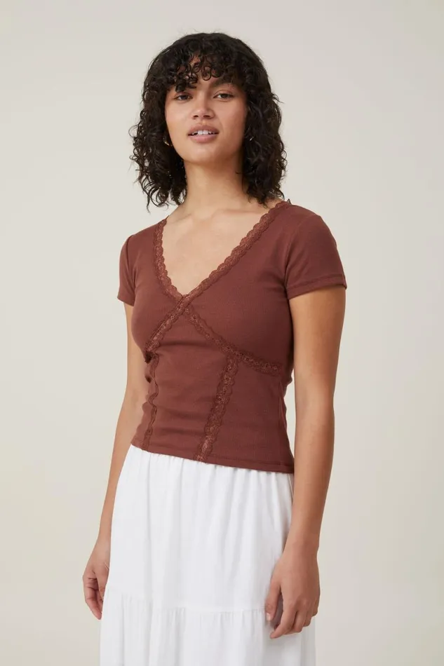 Women Tops Cotton On Daisy Lace Trim Tee Bottle Brown