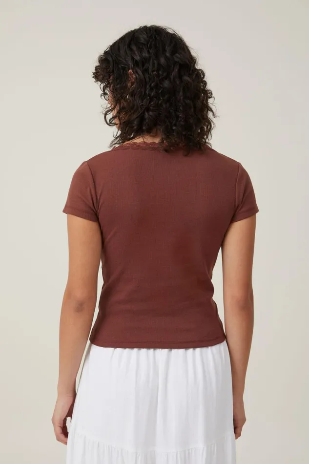 Women Tops Cotton On Daisy Lace Trim Tee Bottle Brown