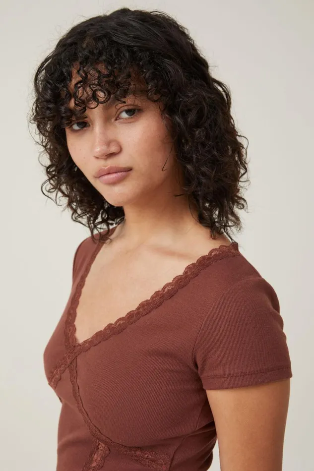 Women Tops Cotton On Daisy Lace Trim Tee Bottle Brown
