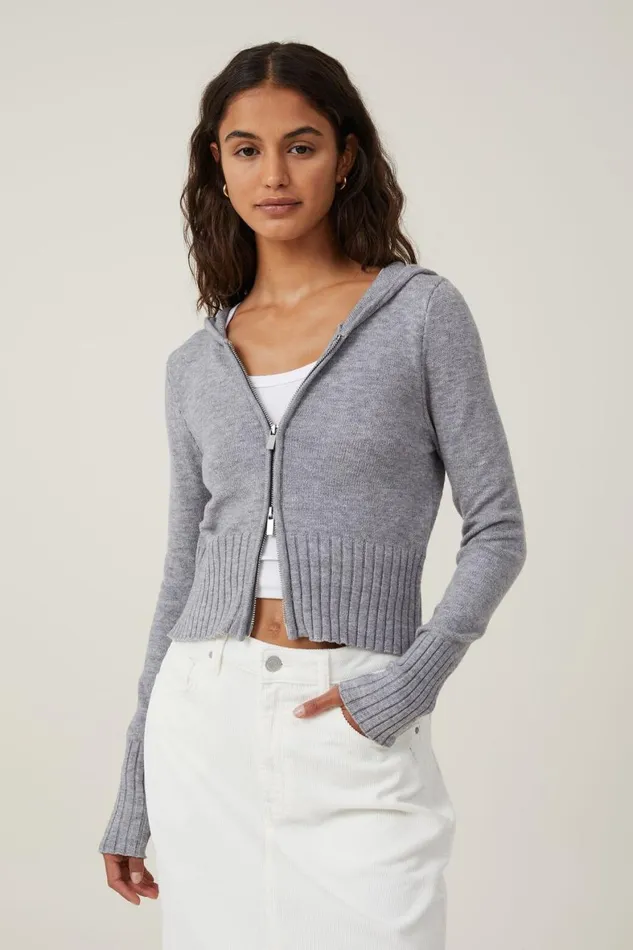 Women Tops Cotton On Everfine Fitted Zip Hoodie Dark Grey Shadow Marle