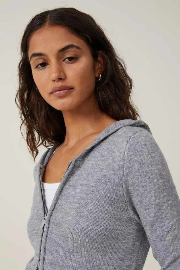 Women Tops Cotton On Everfine Fitted Zip Hoodie Dark Grey Shadow Marle