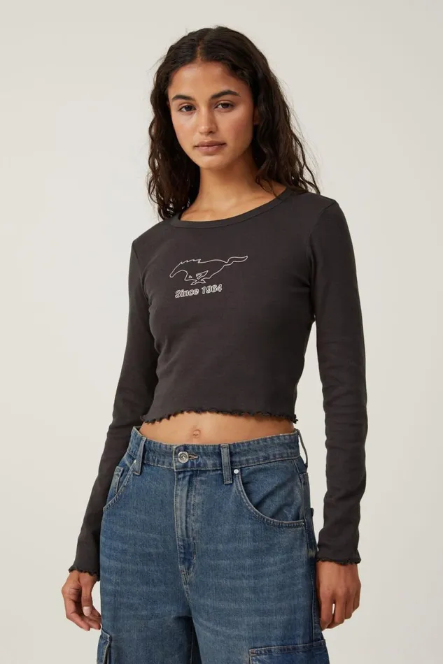 Women Tops Cotton On Long Sleeve Lettuce Rib Ford Tee Lcn Ford Since 1964washed Black