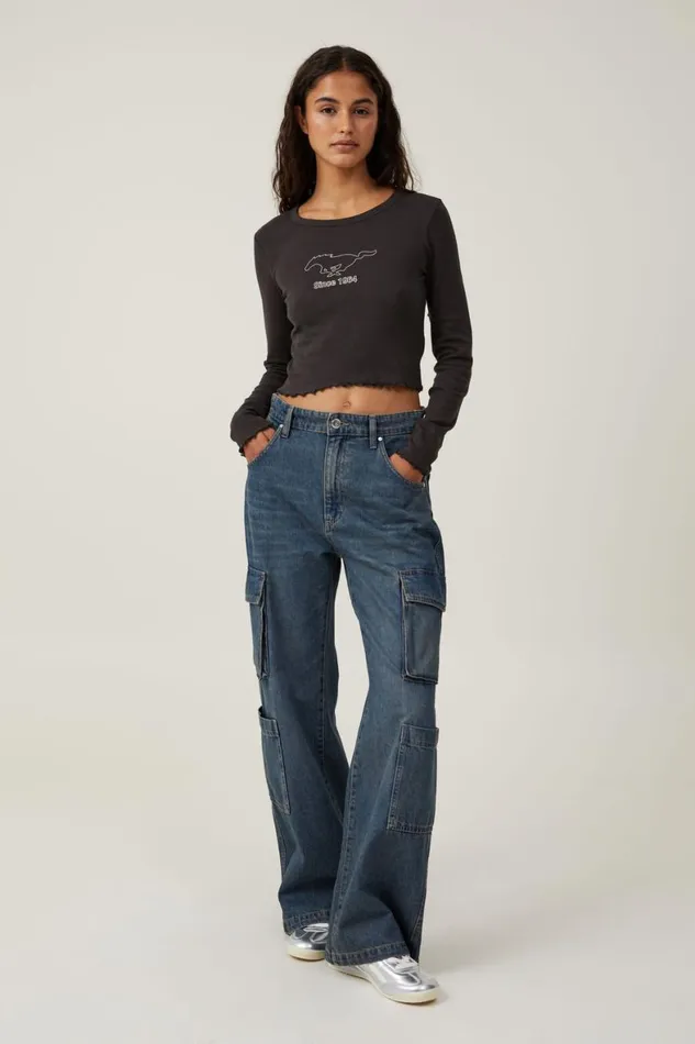 Women Tops Cotton On Long Sleeve Lettuce Rib Ford Tee Lcn Ford Since 1964washed Black