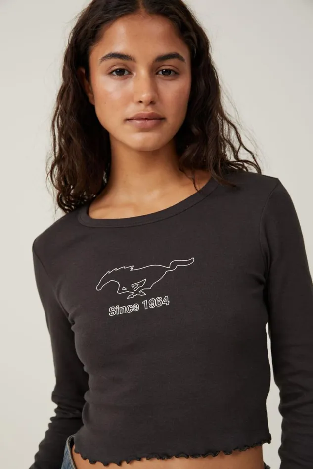 Women Tops Cotton On Long Sleeve Lettuce Rib Ford Tee Lcn Ford Since 1964washed Black