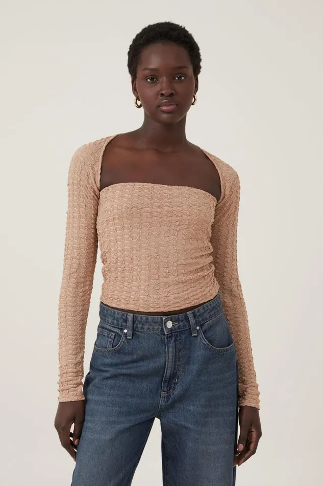 Women Tops Cotton On Nova Textured Long Sleeve Shrug Chestnut