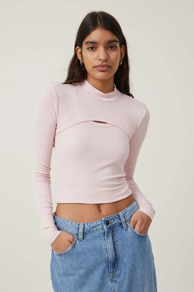 Women Tops Cotton On Staple Rib Mock Shrug Set Chalk Pink