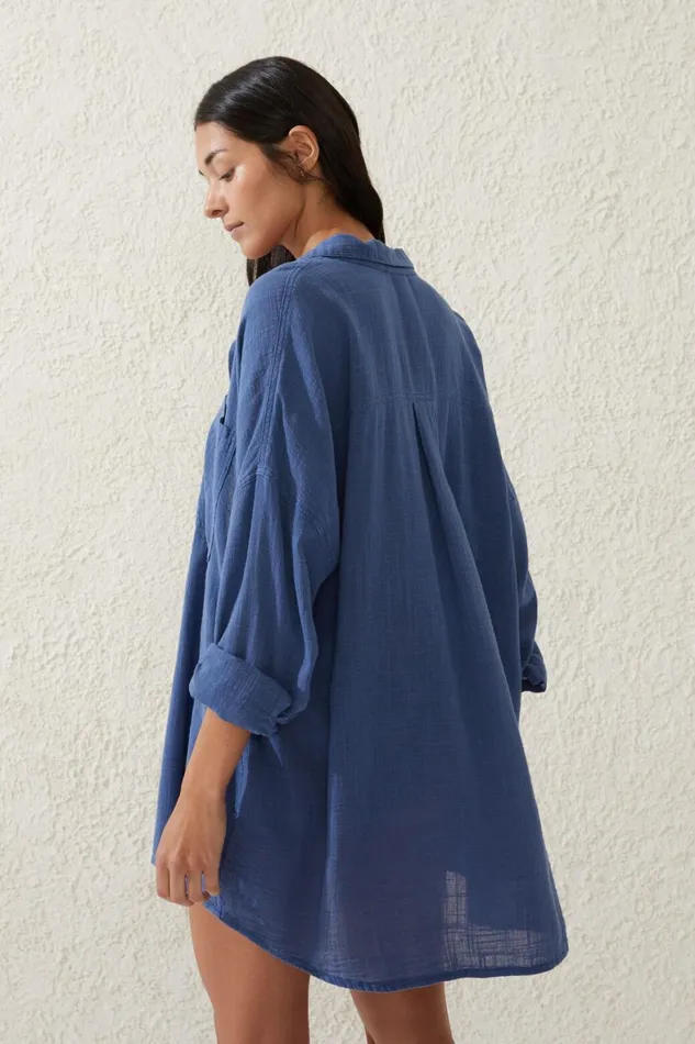Women Tops Cotton On Swing Beach Shirt Washed Indigo