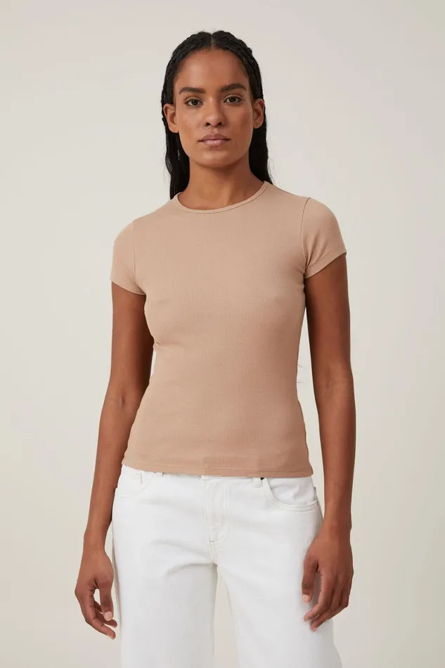 Women Tops Cotton On The One Organic Rib Crew Short Sleeve Tee Chestnut