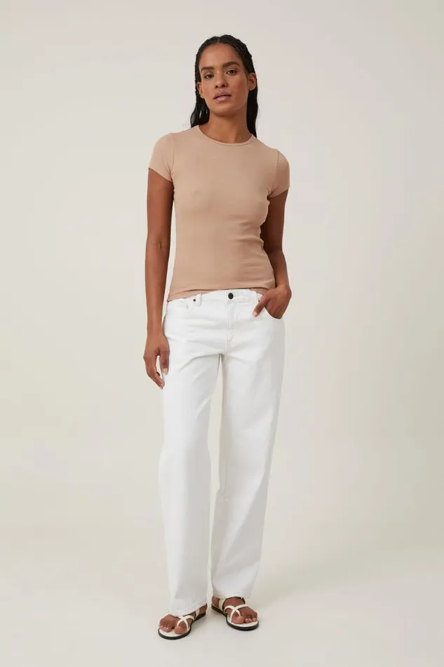 Women Tops Cotton On The One Organic Rib Crew Short Sleeve Tee Chestnut