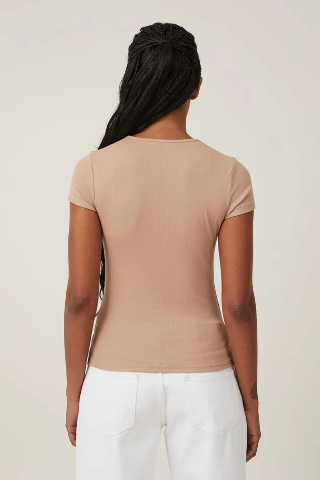 Women Tops Cotton On The One Organic Rib Crew Short Sleeve Tee Chestnut