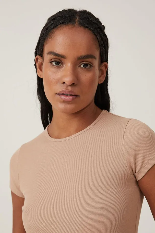 Women Tops Cotton On The One Organic Rib Crew Short Sleeve Tee Chestnut
