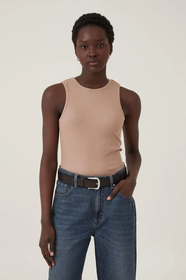 Women Tops Cotton On The One Organic Rib Racer Tank Chestnut