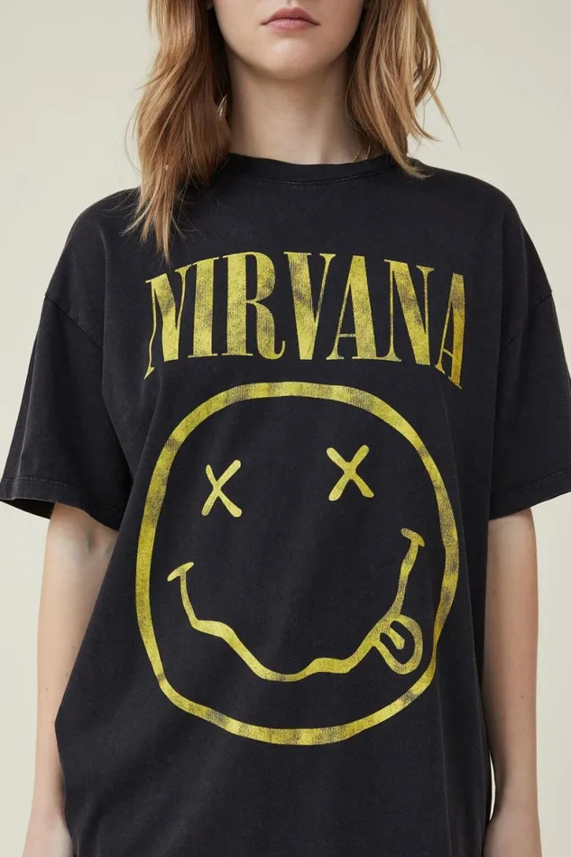 Women Tops Cotton On The Oversized Nirvana Tee Lcn Mt Nirvana Face Logo Washed Black