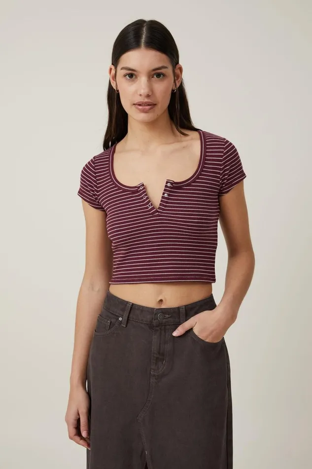 Women Tops Cotton On Willa Waffle Short Sleeve Henley Chloe Stripe Deep Garnetwheat