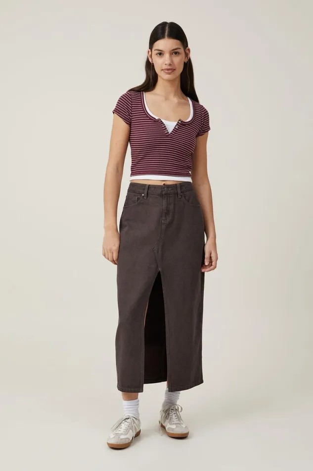 Women Tops Cotton On Willa Waffle Short Sleeve Henley Chloe Stripe Deep Garnetwheat