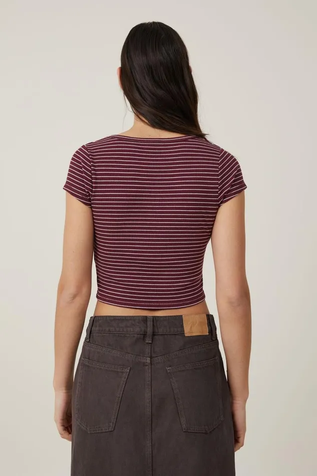Women Tops Cotton On Willa Waffle Short Sleeve Henley Chloe Stripe Deep Garnetwheat