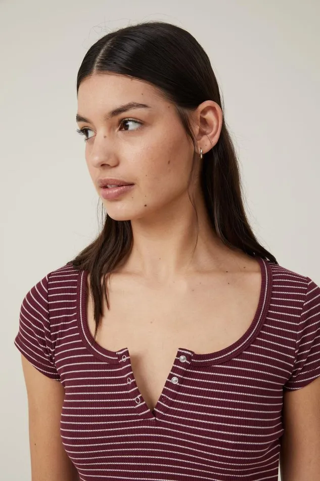 Women Tops Cotton On Willa Waffle Short Sleeve Henley Chloe Stripe Deep Garnetwheat