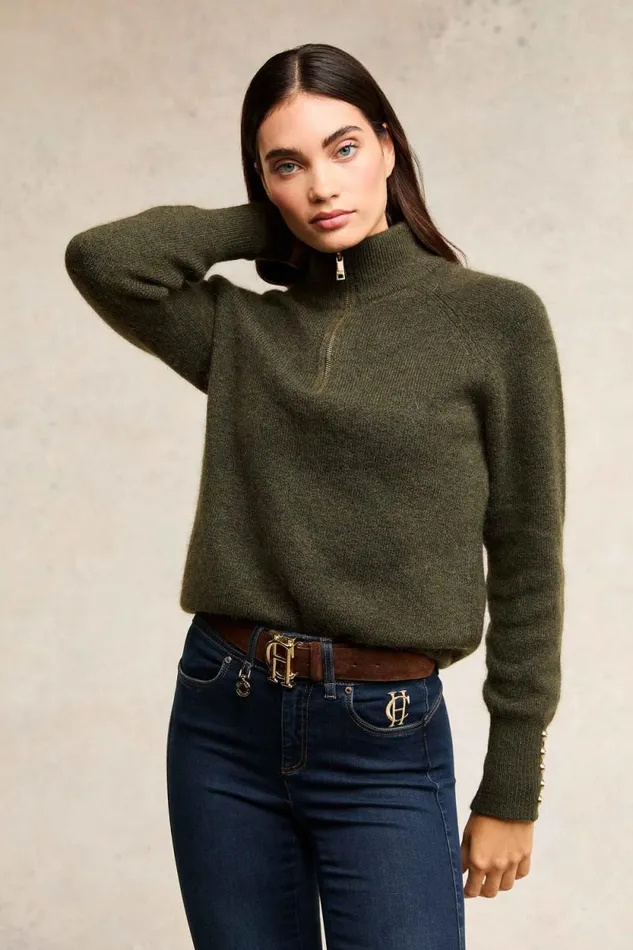 Women Tori Quarter Zip Knit Forest Green Holland Cooper Knitwear