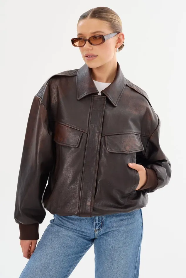 Women TREVANNA Leather Bomber Jacket Rub Off Brown LAMARQUE Leather Jackets