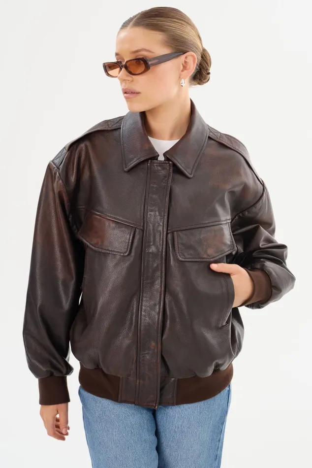 Women TREVANNA Leather Bomber Jacket Rub Off Brown LAMARQUE Leather Jackets