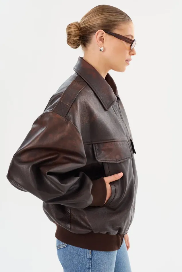 Women TREVANNA Leather Bomber Jacket Rub Off Brown LAMARQUE Leather Jackets