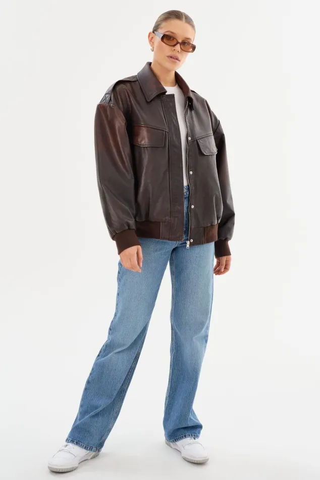 Women TREVANNA Leather Bomber Jacket Rub Off Brown LAMARQUE Leather Jackets