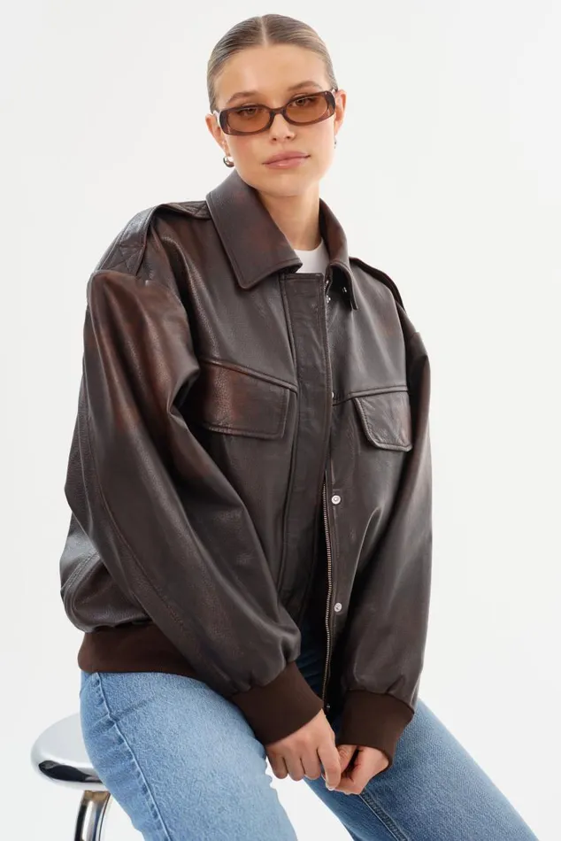 Women TREVANNA Leather Bomber Jacket Rub Off Brown LAMARQUE Leather Jackets