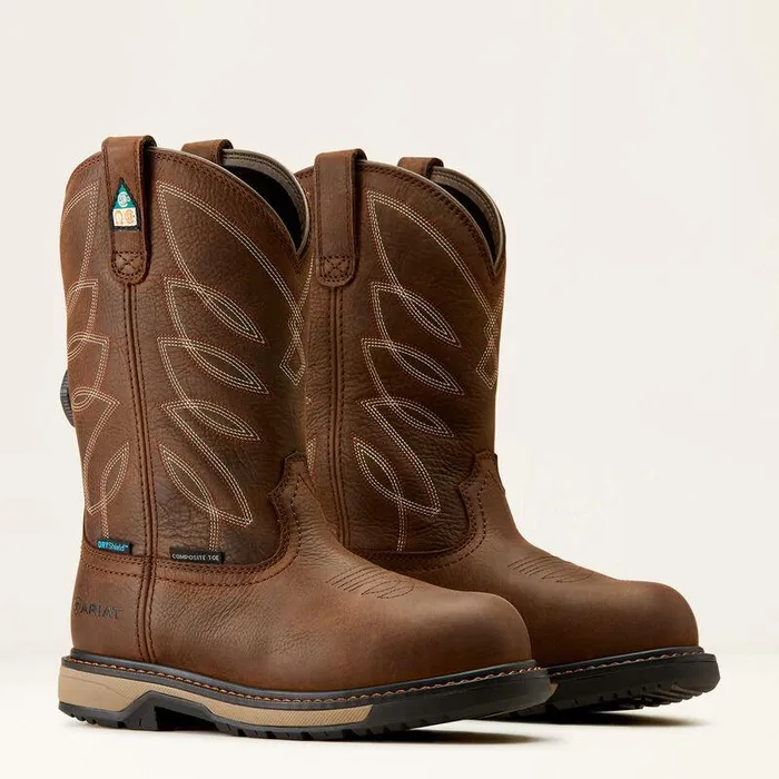 Women Work Boots and Shoes Ariat Riveter PullOn BOA CSA Waterproof Composite Toe Work Boot Dark Brown