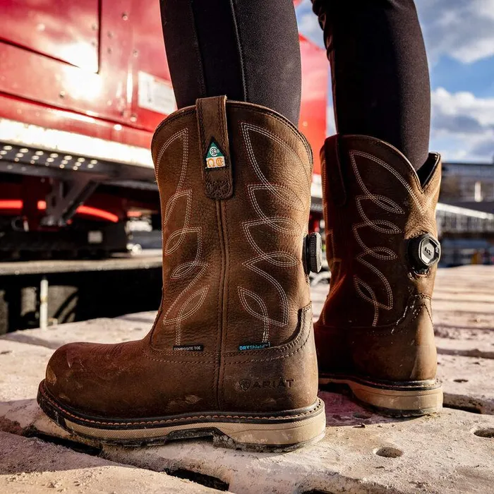 Women Work Boots and Shoes Ariat Riveter PullOn BOA CSA Waterproof Composite Toe Work Boot Dark Brown