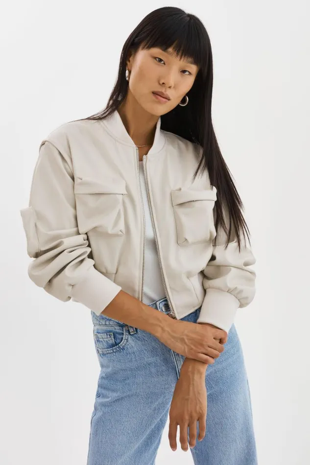 Women XAIA Faux Leather Convertible Bomber Jacket Bone LAMARQUE Leather Jackets