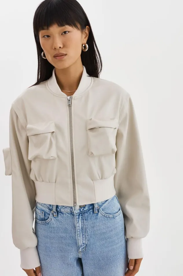 Women XAIA Faux Leather Convertible Bomber Jacket Bone LAMARQUE Leather Jackets