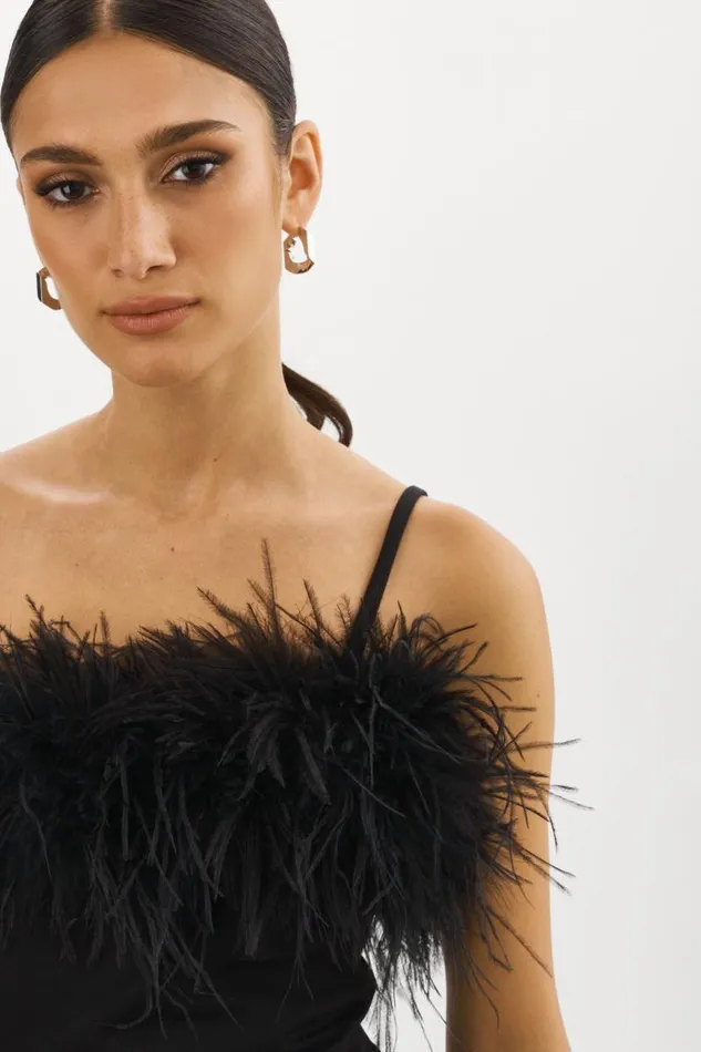 Women YARINA Feather Trimmed Top Black LAMARQUE Tops Women YARINA Feather Trimmed Top Black LAMARQUE Tops