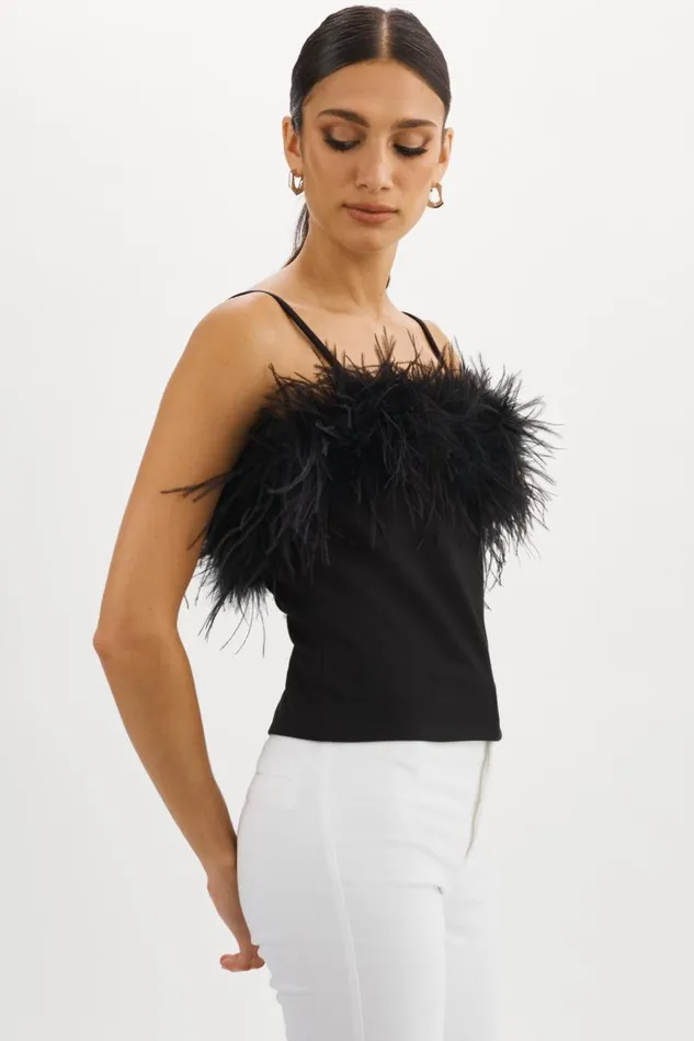Women YARINA Feather Trimmed Top Black LAMARQUE Tops Women YARINA Feather Trimmed Top Black LAMARQUE Tops
