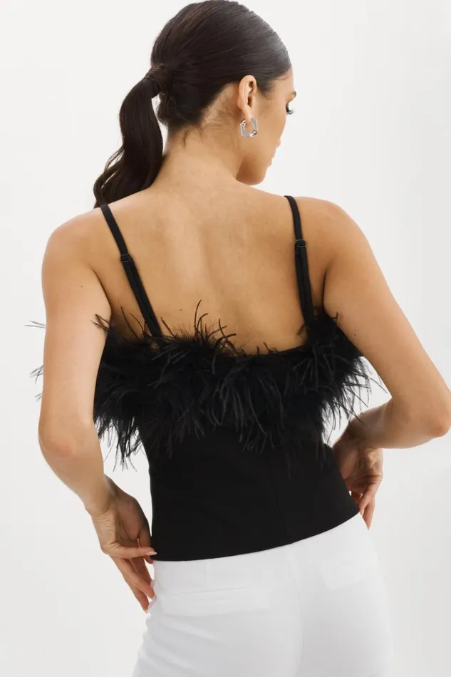 Women YARINA Feather Trimmed Top Black LAMARQUE Tops Women YARINA Feather Trimmed Top Black LAMARQUE Tops