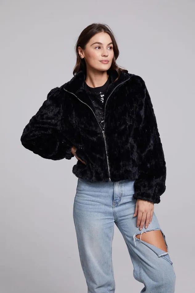 Womens Outerwear Chaser Brand Sequin Faux Fur Puff Sleeve Jacket