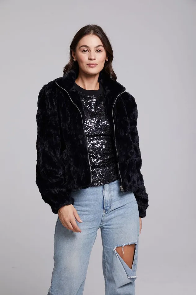 Womens Outerwear Chaser Brand Sequin Faux Fur Puff Sleeve Jacket