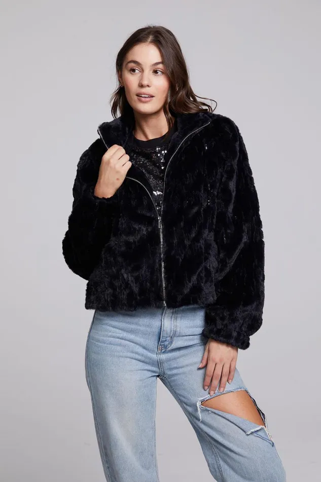 Womens Outerwear Chaser Brand Sequin Faux Fur Puff Sleeve Jacket